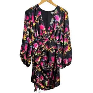 Delfi Collective Dress Women S Black Lindsay Floral Long Sleeve Satiny Mini Club